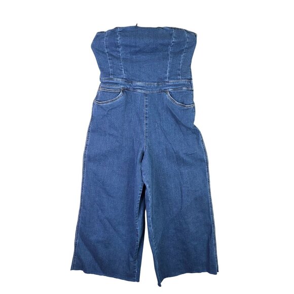 Womens Wrangler Blue Denim Corset Playsuit Strapless Smocked Back Side Zip L - Picture 1 of 12